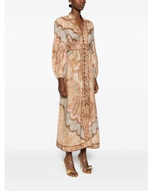 Zimmermann V-Neck Long Sleeves Wanderlust Linen Midi Dress - White