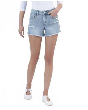 VERVET BY FLYING MONKEY Studded High Rise Denim Shorts With Frayed Hem - Blue