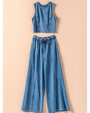 Urban Daizy Liberty Mineral Cotton Crop Tank & Wide Leg Pant Set - Blue