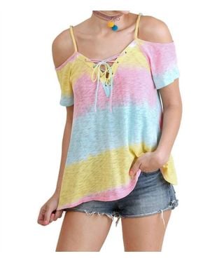 Umgee Lace Up Cold Shoulder Color Block Top - Multicolor