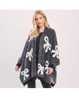 TRUEDAMES Fuzzy Bow Embossed Knot Shawl Winter Poncho - Blue
