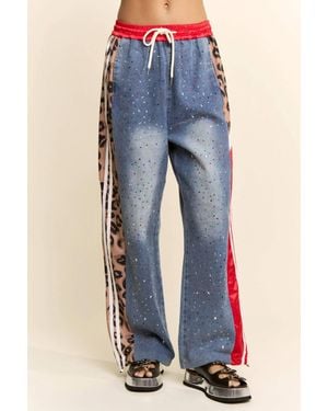 Davi & Dani Rhinestone Sweatpants Crystal Track Pants - Blue