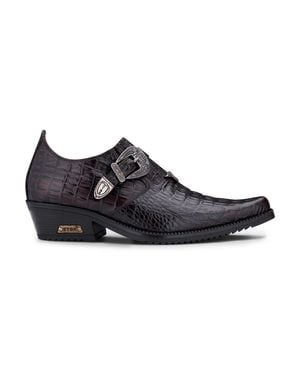 Infinity Leather Croc Leather Cuban Heel Winklepicker Shoes - Black