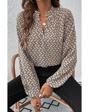 TRUEDAMES Geometric Print Notched Neck Puff Sleeve Blouse - Gray