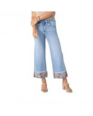 Coco + Carmen Everstretch Wide Leg Crop Embroidered Cuff Jeans - Blue