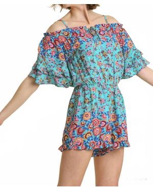 Umgee Mixed Floral Border Print Romper - Blue