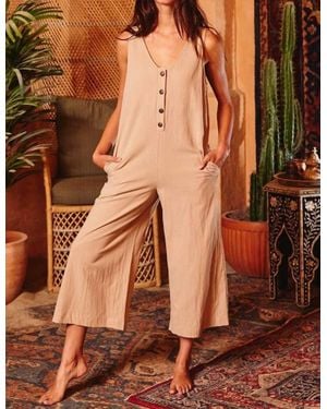 Bucketlist V-Neck Button-Up Wide Leg Solid Jumpsuit - Brown