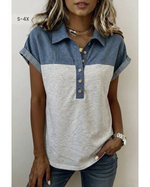 66Disco Color Block Denim Patchwork Plus Size Polo Collar Top - Blue