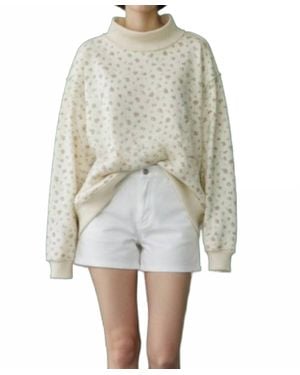 Bucketlist Floral Print Oversized Mock Neck Sweatshirt - White