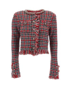 Self-Portrait Frayed Check Knit Jacket With Bead Embellishment - Red