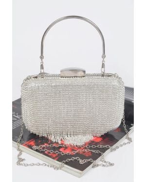 Fashnzfab Rhinestone Fringe Hard Clutch - Gray
