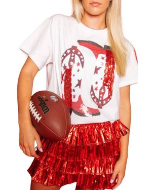 Queen Of Sparkles Fringe Boot Tee Top - Red