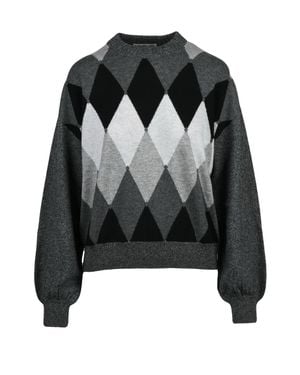 Ballantyne Classic Crew Neck Cashmere Sweater With Puff Sleeves And Argyle Pattern - Black
