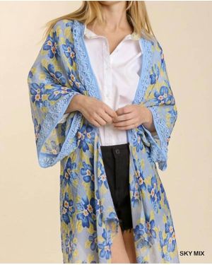 Umgee Sheer Floral Print Open Front Kimono With Crochet Detail - Blue