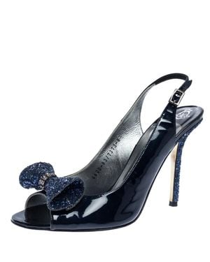 Gina Gine Patent Leather And Glitter Bow Embellished Slingback Open Toe Sandals - Blue