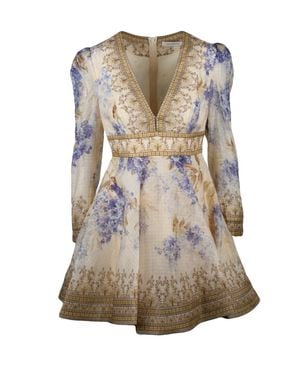 Zimmermann Floral-Inspired Mini Dress With Deep V-Neckline And Puffed Sleeves - Brown