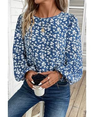 TRUEDAMES Ditsy Floral Print Lantern Sleeve Blouse - Blue