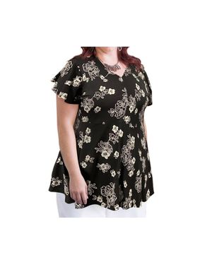 On The Plus Side Printed Short Sleeve Baby Doll Top - Black