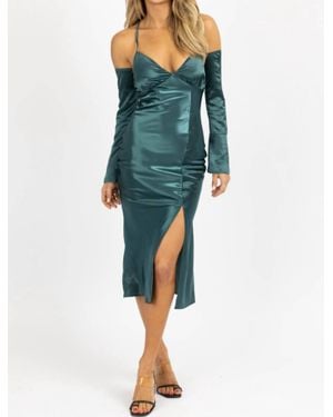 emory park Satin Maxi Dress W/ Long Cuff-Sleeve - Green