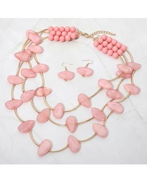 Fashnzfab Resin Pebble Curved Bar Beaded Layered Statement Necklace - Pink