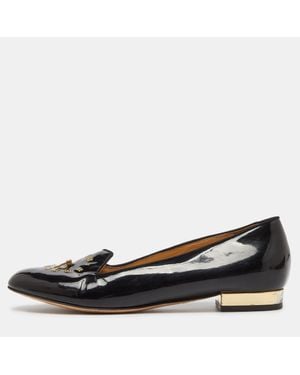 Charlotte Olympia Patent Leather Fashionably Late Clock Face Smoking Slippers - Black