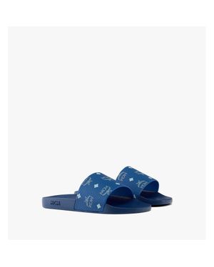 MCM Monogram Print Rubber Slides - Blue