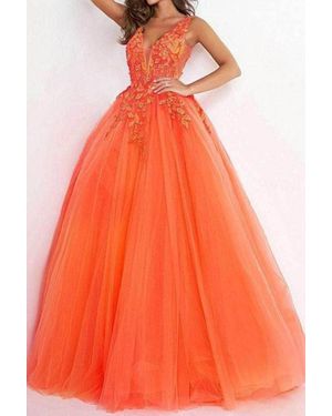 Jovani Plunging Neck Floral Prom Dress - Orange