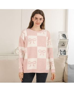 TRUEDAMES Bow Grid Pattern Crew Neck Sweater - Pink