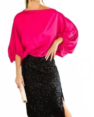 Vine & Love Boat Neck Dolman Puff Sleeve Satin Blouse - Pink