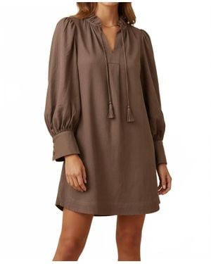 Umgee Corduroy Frilled V Neck Shift Dress - Brown