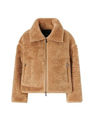 Pinko Cropped Plush-Textured Jacket With Wide Collar And Zippered Pockets - Brown
