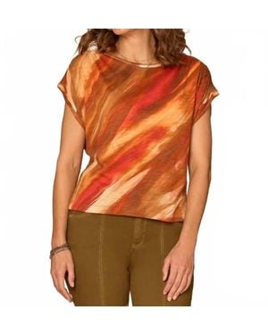 Democracy Smocked Scoop Neck Placement Print Knit Top - Orange