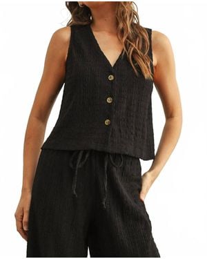 Miou Muse Crinkled Fabric Sleeveless Button Front Top - Black