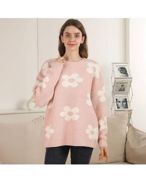 TRUEDAMES Cozy Daisy Pattern Crew Neck Sweater - Pink