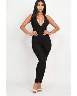 TRUEDAMES Halter V Neck Ribbed Bodycon Jumpsuit - Black