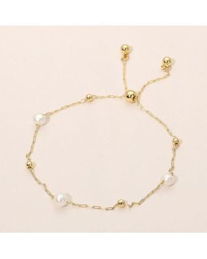 Fashnzfab Pearl Metal Ball Bead Chain Adjustable Cinch Pull Tie Bracelet - Natural