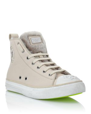 Philipp Plein Leather Hi-Top Sneakers Shearling Lining Megastar - Natural