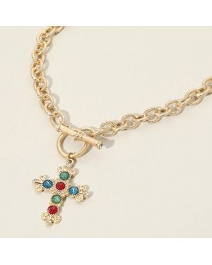 Fashnzfab Stone Ornate Cross Charm Pendant Toggle Necklace - Metallic