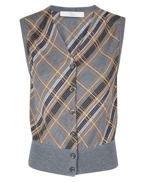 Tela Multicolored Plaid V-Neck Linen-Blend Vest - Gray