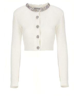Self-Portrait Cropped Ivory Cardigan With Multicolored Strass Embellishments - White