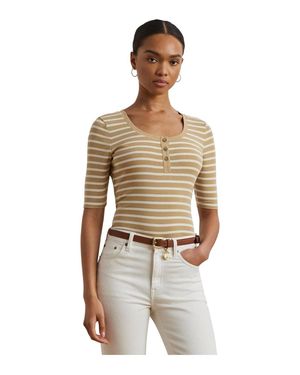 Ralph Lauren Striped Elbow-Sleeve Henley Top - Metallic