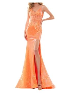 Colors Dress Embroidered Sequin Mesh Evening Gown - Orange