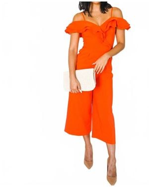 Main Strip On My Level Ruffled Off Shoulder Midi Jumpsuit - Orange
