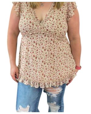 Jodifil Floral Babydoll Ruffle Top - Natural