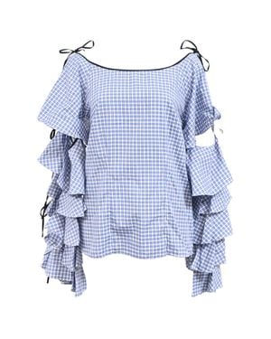 Caroline Constas Amelie Gingham Ruffle Sleeve Top - Blue