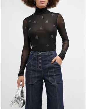 Cinq À Sept Star Shirred Mesh Turtleneck Top - Black