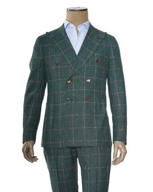 Isaia Double Breasted Double Windowpane Wool-Silk-Linen Suit - Green