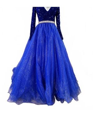 Ava Presley Velvet Sequin Long Sleeved Ball Gown - Blue