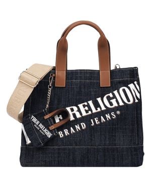 TRUE RELIGION Medium Logo Denim Tote With Tote Dangle Charm - Blue