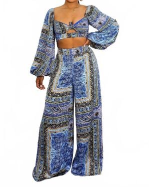 SurelyMine Bold Baroque Print Two-Piece Set Tie Front Crop & Wide Pants - Blue